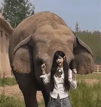 站在大象前专心拍照的妹子，没想到被象鼻子直接顶高高