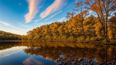 岸边整齐的树叶倒映在水中，十分的美妙