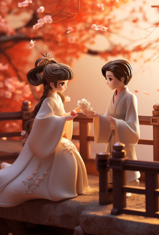 郎才女貌的卡通小人，花前月下无比浪漫