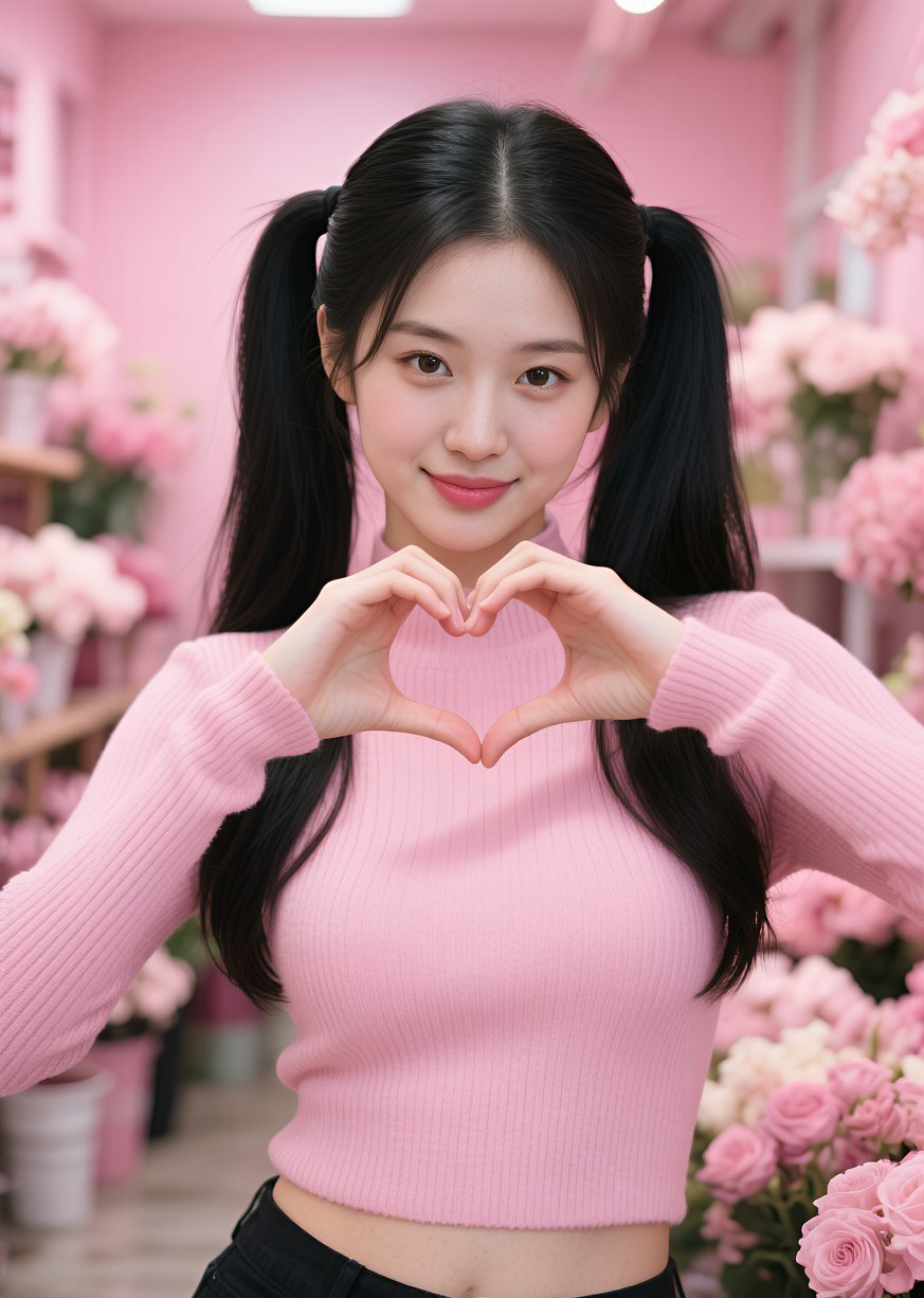 扎两个辫子的漂亮女孩用手比心形