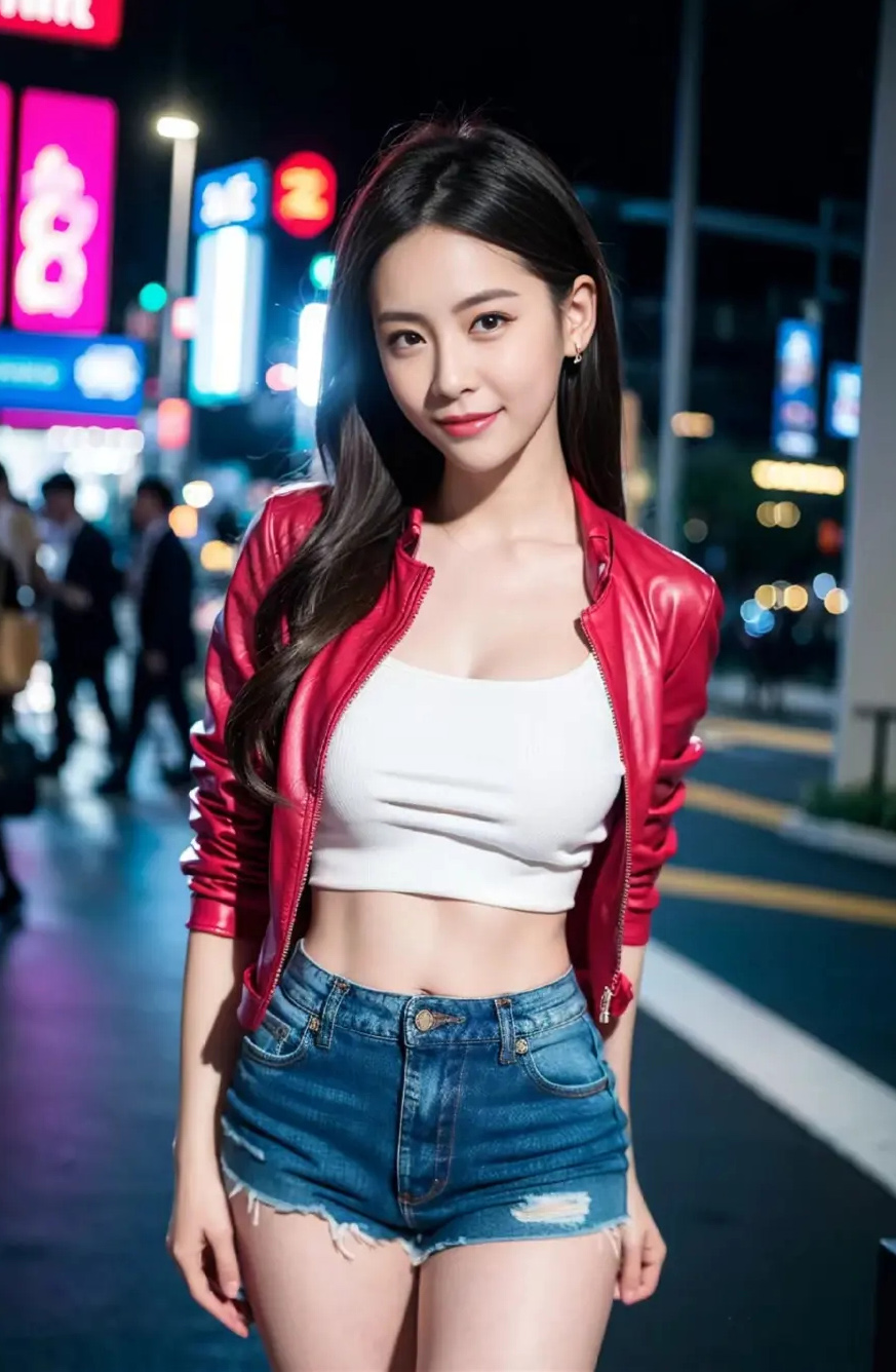 夜晚逛街的漂亮女孩