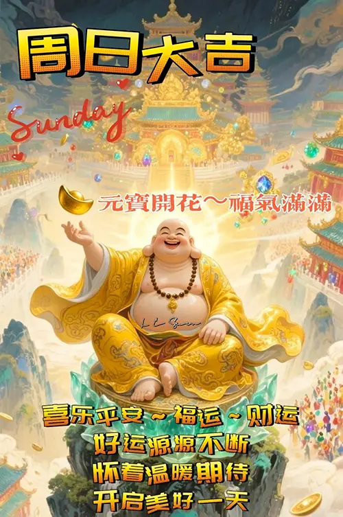 周日祈福主题的喜庆风格图文海报，周日大吉