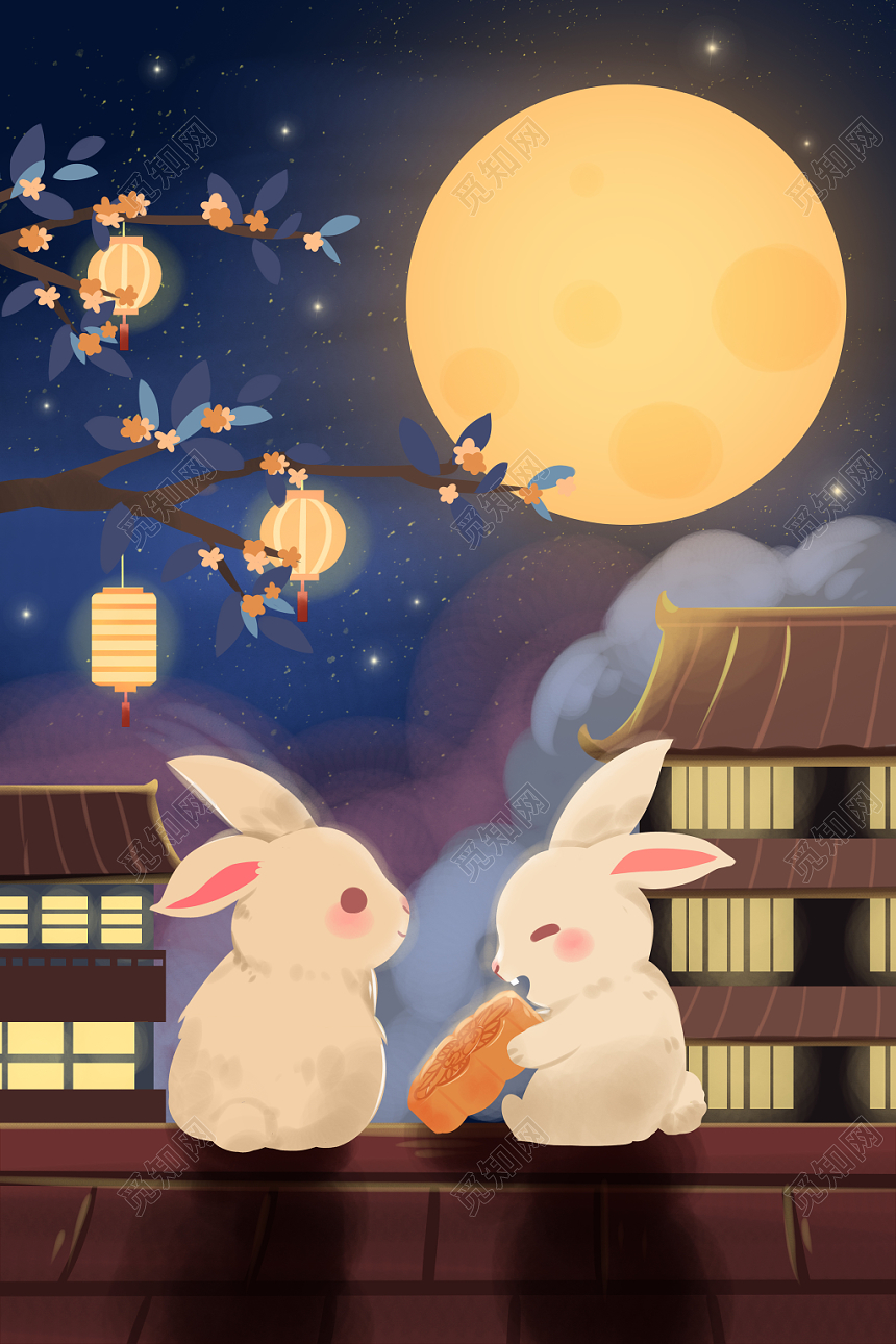 两只可爱的玉兔吃月饼